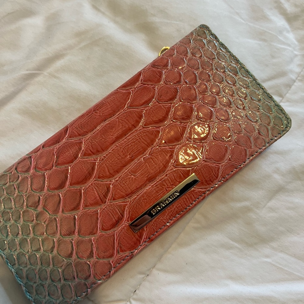 Brahmin Coral and Teal Croc Embossed Wallet